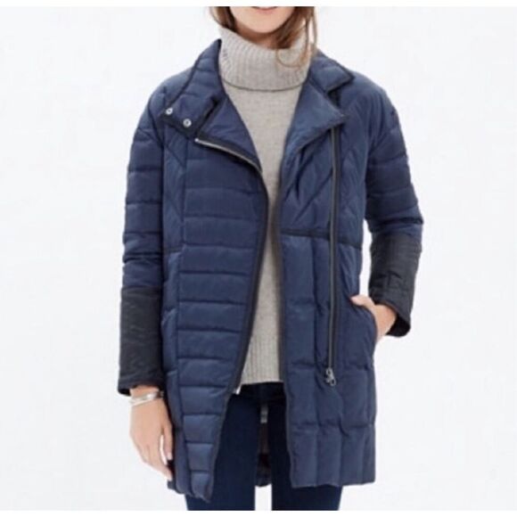 Madewell Navy Blue Quilted Full Zip Down Puffer High Collar Jacket Women's M - Picture 1 of 15